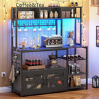Itaar 47.2 Inch Bakers Rack with Power Outlet, Microwave Stand with Storage, Farmhouse Coffee Bar Cabinet Station with Wine Rack, Iron Grid and 8-S Hooks (Black)