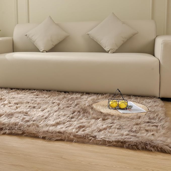 ORINOVA Faux Sheepskin Beige 3x5 Fluffy Fur Washable Area Rugs - Image 3