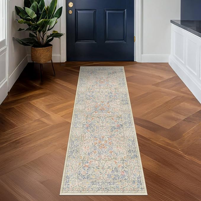 Non Slip Beige Blue Hallway Runner Rug - Image 9