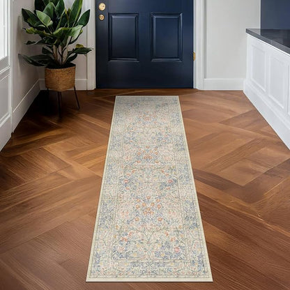 Non Slip Beige Blue Hallway Runner Rug - Image 9