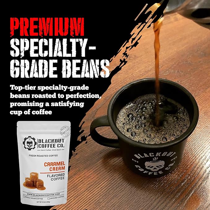 Blackout Coffee Caramel Cream Flavored Coffee - Ground Coffee, Fresh Roasted In the USA,12 oz pouch