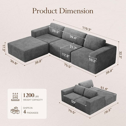 Vesgantti 119" L-Shaped Modular Sectional Sofa, Corduroy Cloud Couch - Image 2