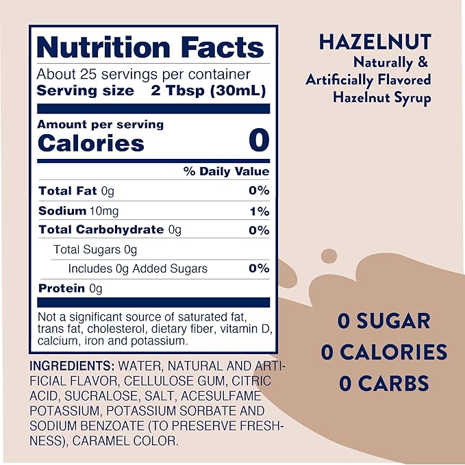 Jordan's Skinny Syrups Sugar Free Coffee Syrup, Hazlenut Flavor Drink Mix, Zero Calorie Flavoring for Chai Latte, Protein Shake, Food and More, Gluten Free, Keto Friendly, 25.4 Fl Oz, 1 Pack