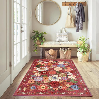 Red Floral Area Rug 3x5 for Bedroom Entryway Dorm | Ultra-Thin; Non Slip; - Image 2