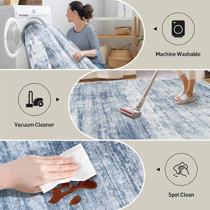 6x9 Area Rugs for Living Room: Washable Abstract Blue White Badroom Carpet | - Image 5