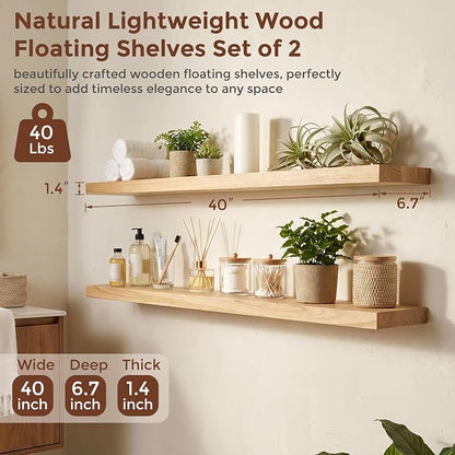 fuqing 40 Inch Floating Shelves | 6.7 Inch Deep Natural Wood Shelves Set of 2 | - Image 3