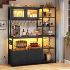 Itaar Bakers Rack with Power Outlet and LED Light, 45.3 Inch Farmhouse Coffee Bar Cabinet, Kitchen Microwave Stand with Storage, Glass Cabinet, Goblet Holder and 8 Hooks, Black