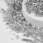 Silver Pearl Rods Star Sugar Sprinkles, Silver Sprinkles for Cake, Edible Pearls Baking Candy, 150g/5.29oz Mix Size, Cupcake Decoration, Wedding Party Supplies
