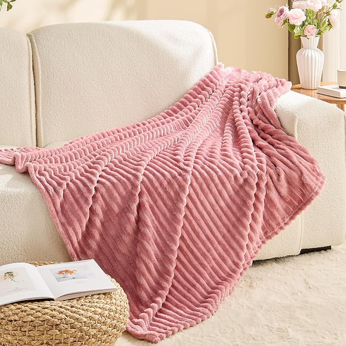 BEDELITE 3D Ribbed Jacquard Pink Fleece Throw Blanket - Image 8