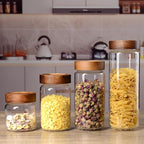 24 oz/710 ml Glass Jar with Airtight Wooden Screw Top Lid, Clear Stackable Food Storage Canister, Medium Cute Decorative Glass Container for Coffee, Candy, Cookie, Sugar, Oatmeal, Salt, Spice
