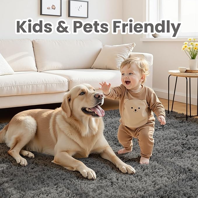 8x10 Fluffy Shag Area Rugs for Living Room Bedroom: Soft Plush Carpet Grey | - Image 3