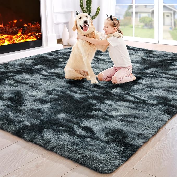 3x5 Tie-Dyed Black and Grey Fluffy Area Rug Non-Slip by ModernHomeDecor