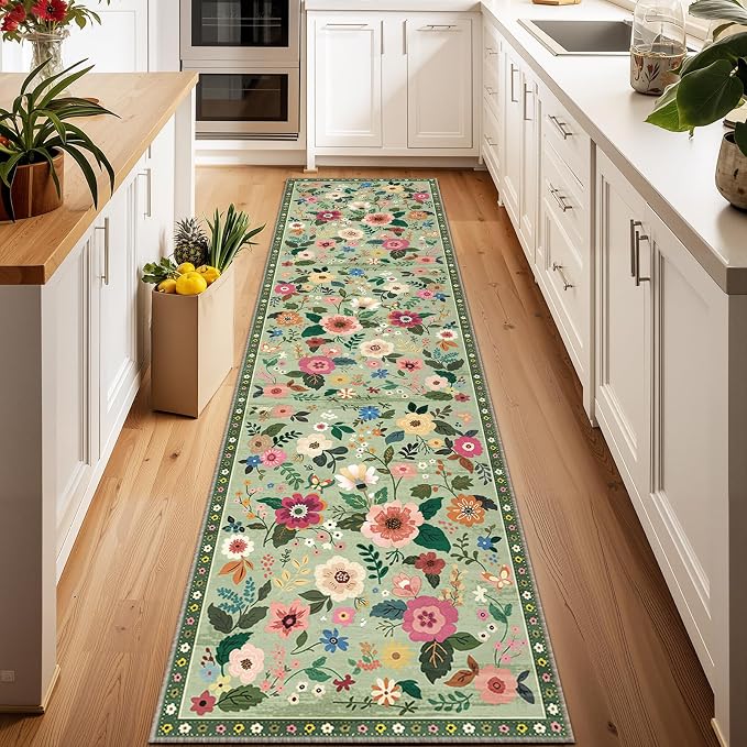 Floral Washable 2x10 Area Rugs Runner Entryway Hallway LightGreen | Flower by RELEANY