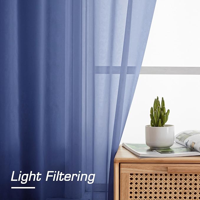 Blue Sheer Curtains 96 Inch Long 2 Panels Set, Light Filtering Rod Pocket Soft - Image 2