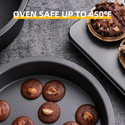 HONGBAKE Round Cake Baking Pan, 8 Inch, Shallow Cookie Pans, Layer Cake Pans with Wider Grips, Nonstick Circle Pizza Tin, Huty Duty, Dishwasher Safe, 2 Pieces- Grey