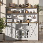 55'' Farmhouse Coffee Bar Cabinet with 3 Tier Storage Hutch, Coffee Bar Station with Sliding Barn Door, Hutch Storage Cabinet with 12 Wine Racks & 9 Hooks for Kitchen Dining Living Room