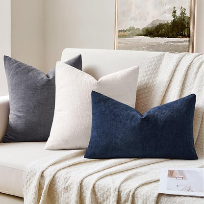 MIULEE Navy Chenille Couch Lumbar Throw Pillow Covers, 12x20 | Set of 2 - Image 2