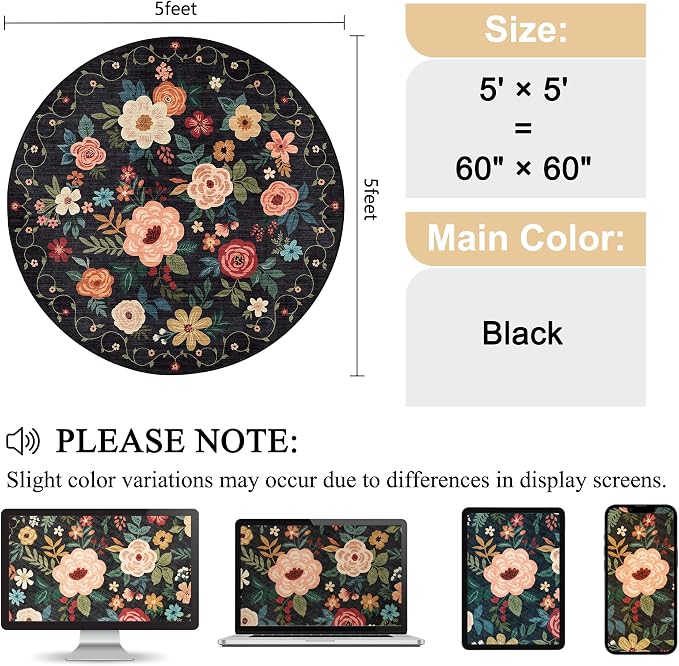 DUKINO 5ft Round Rug, Non Slip Floral Washable Small Circle Rug, Low Pile - Image 2