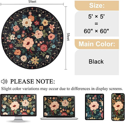 DUKINO 5ft Round Rug, Non Slip Floral Washable Small Circle Rug, Low Pile - Image 2