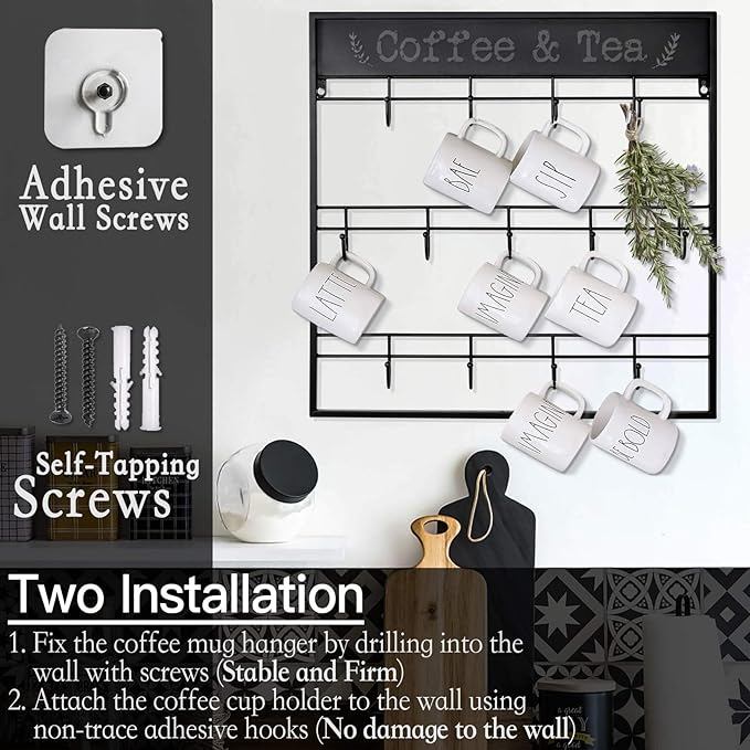 AJART Coffee Bar Decor Mug Holder: 22" Large Square Coffee Cup Rack for Home Kitchen Office Dining Room Cafe Bar