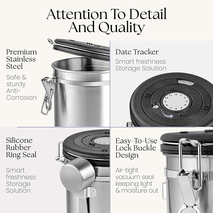 Mixpresso 16 Oz Coffee Canister with Scoop, Stainless Steel Airtight Coffee Container, Air tight Jar Tea Storage with Date Tracker, Vacuum Sealed Espresso Airtight Canister, Sugar Container for Home