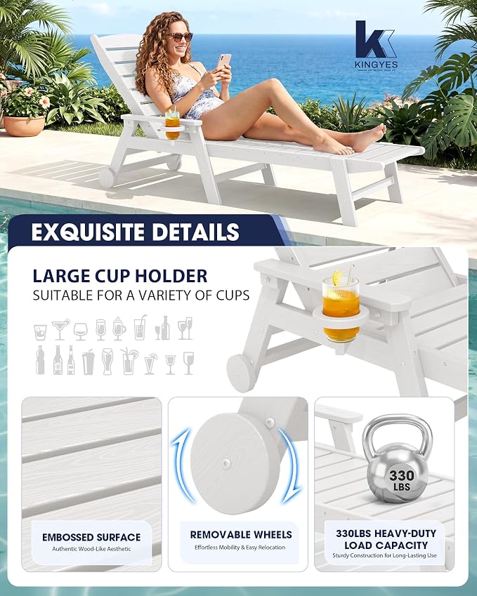 KINGYES HDPE Lounge Chair Outdoor Set of 4, Patio Chaise Lounge Recliner - Image 4