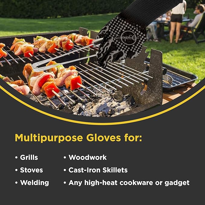 Insulated BBQ Heat Resistant Gloves - Neoprene & Polyester Barbecue Grilling Gloves with Silicone Pads for Gas Grill & Charcoal Grills Outdoor Cooking - 1400°F High Heat Fire BBQ Mittens by O-Yaki