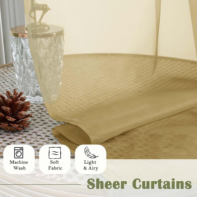 Gold Sheer Curtains 120 Inches Long 2 Panels Set, Rod Pockets Light Filtering - Image 8