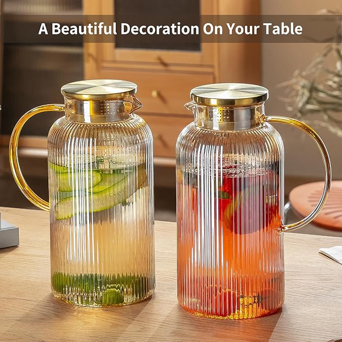 Glass Pitcher with Lid, 84oz/2.5 Liter Amber Classic Vertical Stripes Water Pitcher,Glass Water Carafe for Cold Brew, Coffee, Lemonade, Iced Sun Tea,Beverage, Milk, Heat Resistant