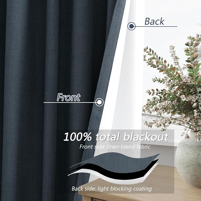 100% Blackout Linen Curtains 102 Inch Length 2 Panels Set - Image 4