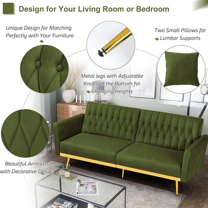 70” Velvet Futon Sofa Bed w/Adjustable Armrests & 2 Pillows, Convertible Futon - Image 4