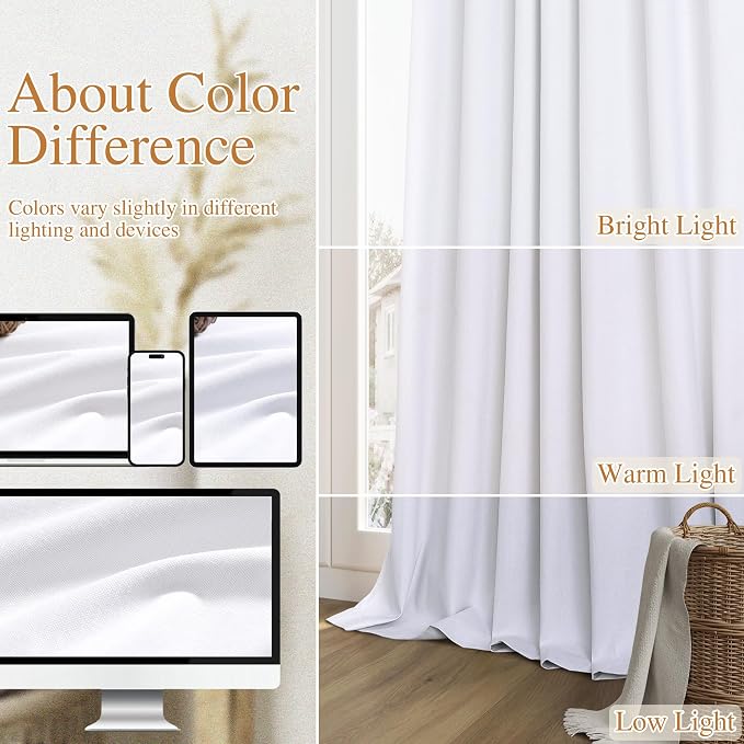 White 100% Blackout Linen Curtains 52 Inch Wide by 124 Inch - Image 7