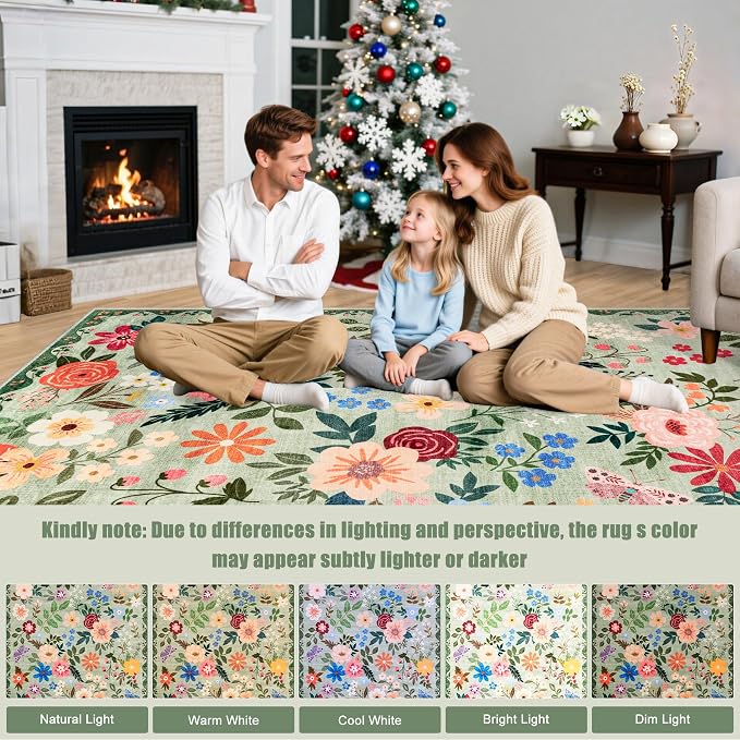 PLHXFR Round Area Rug Living Room: 4 ft Floral Washable Soft Carpet Green | - Image 9
