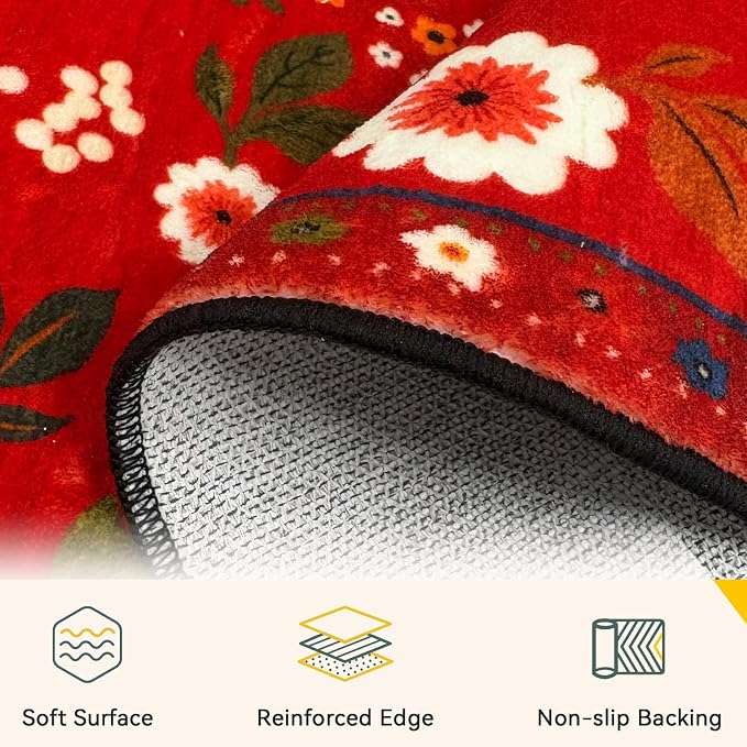 Floral Washable 8x10 Area Rugs Red/Orange | Flower Carpet Print Boho Cute Non - Image 5