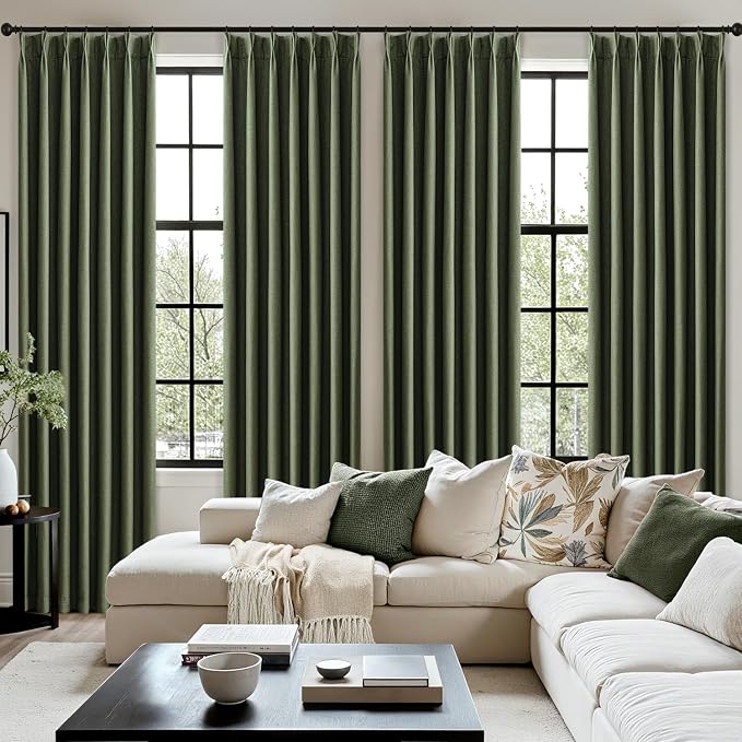 MIULEE Olive Green Pinch Pleated 100% Blackout Linen Curtains 40x90 Inches | - Image 7