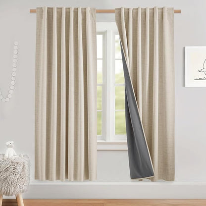 NICETOWN Beige Bedroom Full Blackout Linen Curtains, Thick Insulated Classic - Image 2