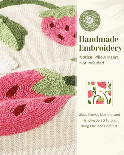Embroidered Throw Pillow Cover 18x18 Inch, Branch Strawberry | Decorative - Image 2