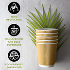 NYHI 100 10 oz Ripple Kraft Paper Cups Brown Hot Cold 3 Layer Rippled Small Insulated Disposable Coffee Cups for Cappuccino Hot Cocoa or Iced Drinks