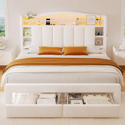 Queen Size Bed Frame with LED Storage Headboard & 2 Storage Drawers, Velvet - Image 3