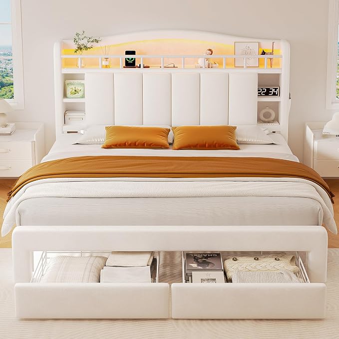 Full Size Bed Frame with LED Storage Headboard & 2 Storage Drawers, Velvet - Image 3