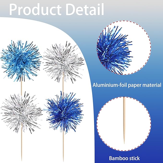 30 PCS Foil Firework Cupcake Toppers Sparkle Tinsel Cupcakae Picks Foil Firework Decorations Cocktail Fruit Toothpick for Fireworks Theme Birthday Wedding Graduation Party Decor Blue Silver Light Blue