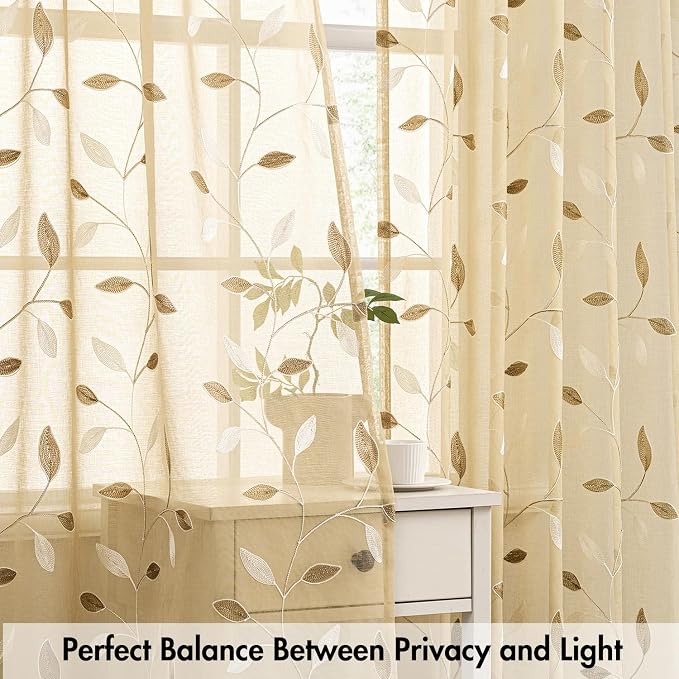 MIULEE Beige Sheer Curtains 2 Panels Leaf Patterned, W30 x L30 | Embroidered - Image 5