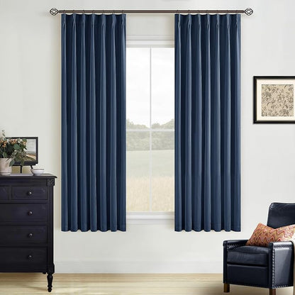 Navy Blue 100% Blackout Pinch Pleated Linen 63 Inch Curtains - Image 8