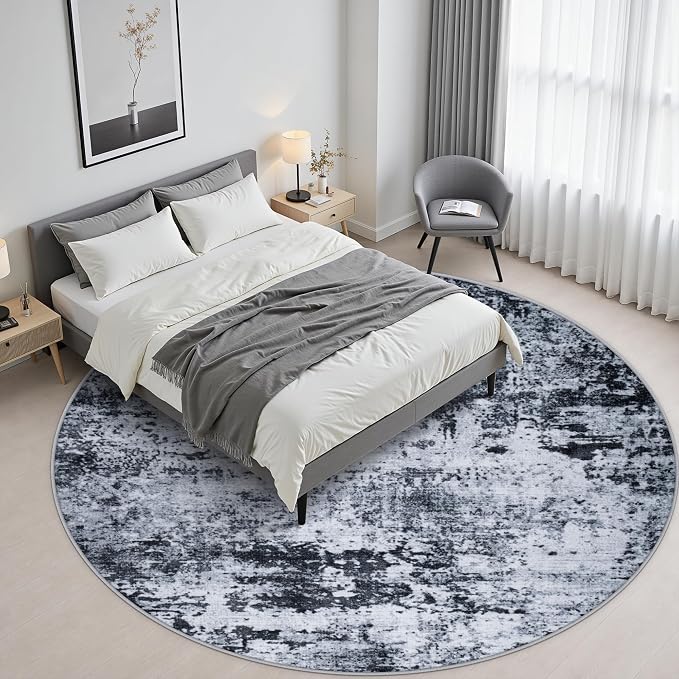 Round Area Rug Living Room: 8 ft Modern Washable Carpet Black | - Image 3
