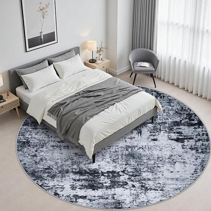 Round Area Rug Living Room: 6 ft Modern Washable Carpet Black | - Image 3