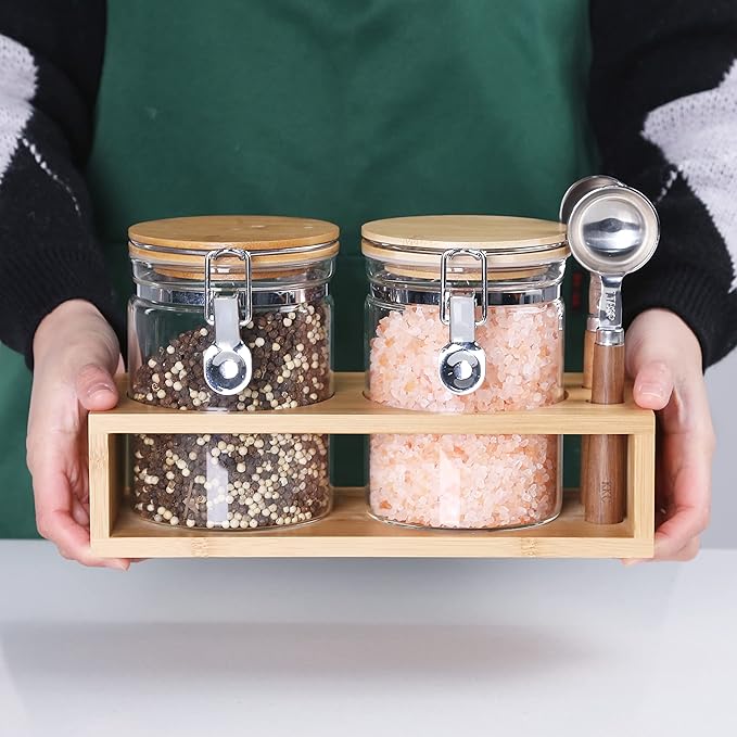KKC HOME ACCENTS Sealed Glass Storage Jars with Scoops for Brown Sugar,Sea Salt,Flour,Ground Coffee,Beans,Loose Tea,Matcha,Glass Containers with Sealed Hinged Lids for Kitchen Counter,27 Fluid-oz