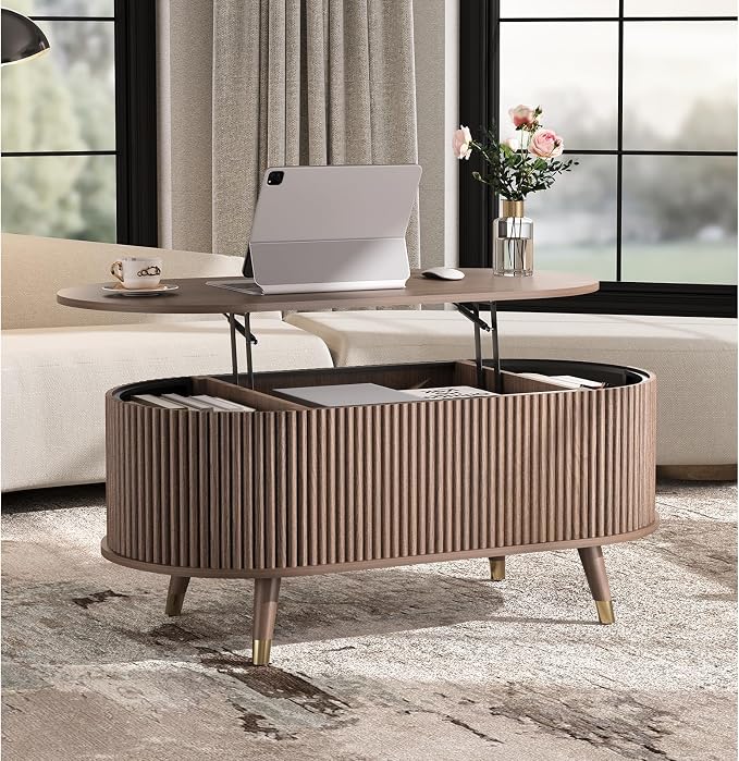 SULIVES Oval Coffee Table with Storage, Small Fluted Center Table - Image 7