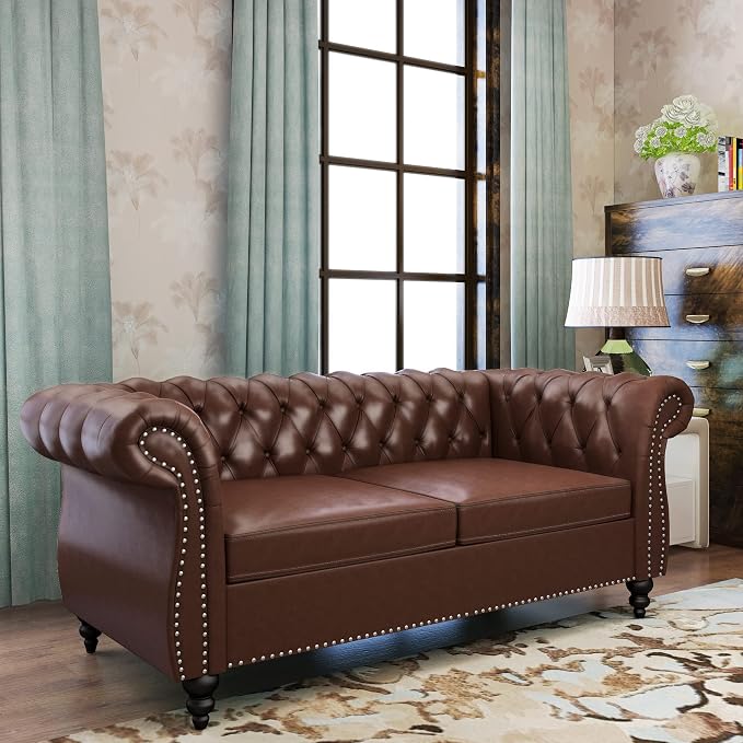 ORRD 2 Piece Living Room Set, Chesterfield Leather Sofa Couch Chair - Image 6