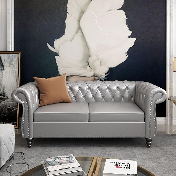ORRD 3 Piece Living Room Set, Chesterfield Leather Sofa Loveseat Couch Chair - Image 5