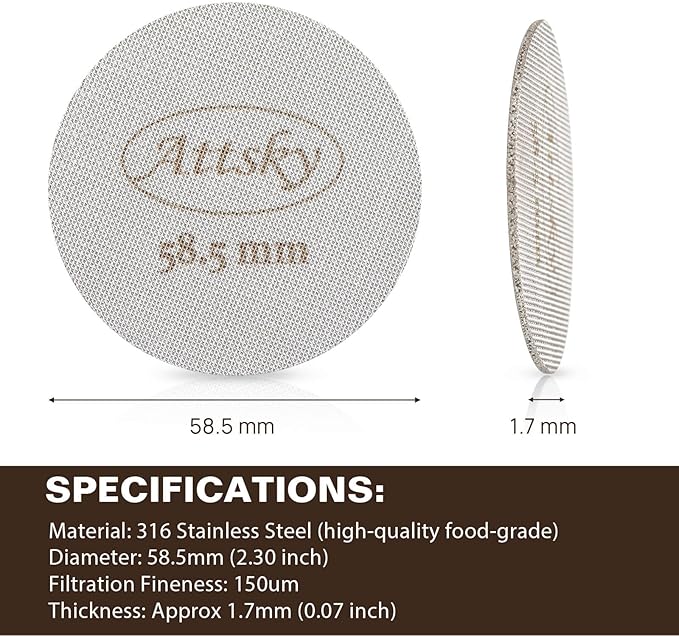 58.5mm Espresso Puck Screen, Espresso Filter for 58mm Portafilter Filter Basket, Reusable Espresso Screen with 1.7mm Thickness 150μm 316 Stainless Steel